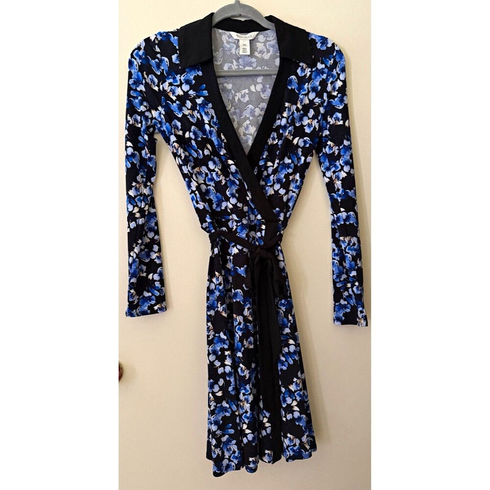 White House Black Market XXS Black/Blue Floral Wrap V-Neck Long Sleeve Dress